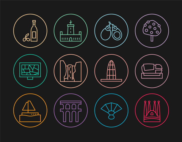 设置线圣家堂，梅斯塔利亚体育场，Castanets, Algar瀑布，绘画艺术，橄榄油瓶，Agbar塔和蒙朱伊克城堡图标。向量图片下载