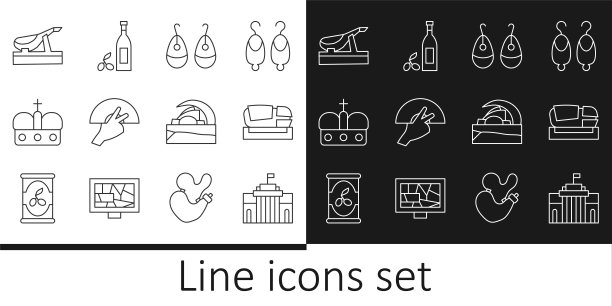 设置线普拉多博物馆，梅斯塔利亚体育场，耳环，范弗拉门戈，西班牙皇冠，西班牙火腿，音乐厅de Tenerife和瓶橄榄油图标。向量图片下载