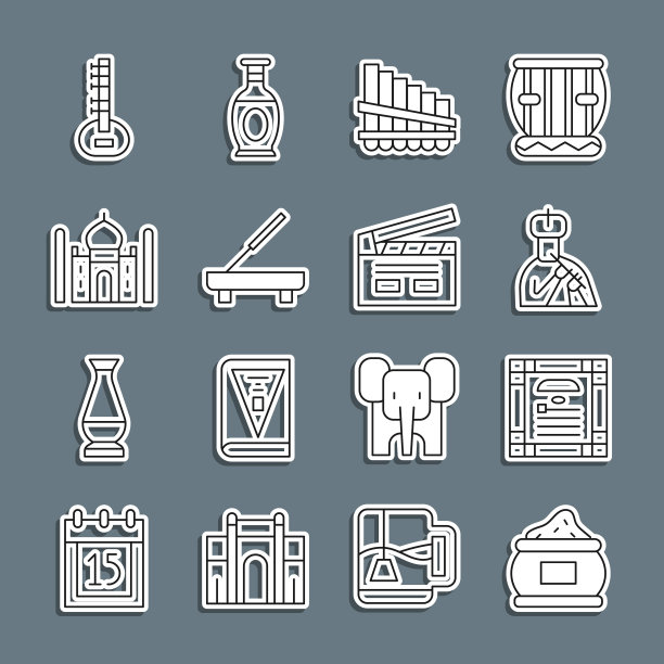 设置线印度香料，宪法日，男子长笛，潘，香味水疗棒，泰姬陵，锡塔和宝莱坞印度电影图标。向量图片下载