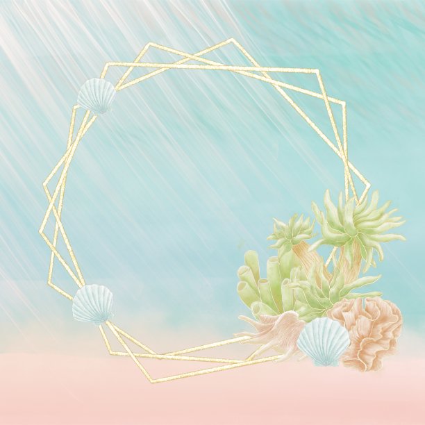 装饰框架与金色轮廓在海洋主题与美丽的背景，海藻贝壳图片下载