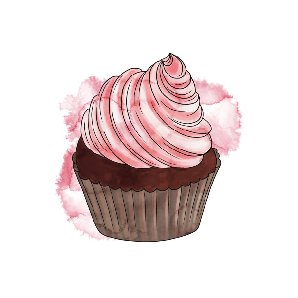 在粉红色水彩背景画纸杯蛋糕图片下载