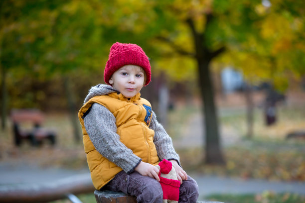 快乐的孩子，在一个阳光明媚的秋天的公园里玩耍，树叶和树叶围绕着他图片下载