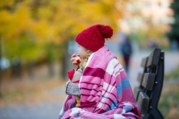 快乐的孩子，在一个阳光明媚的秋天的公园里玩耍，树叶和树叶围绕着他图片下载