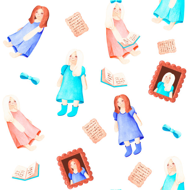 娃娃，书和玩具。水彩的插图。被隔离在白色背景下。为你的设计。图片下载