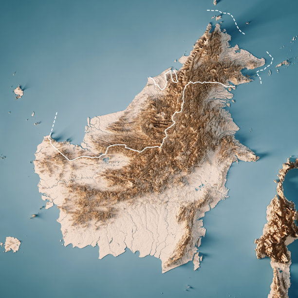 婆罗洲3D渲染地形图中立边界图片下载