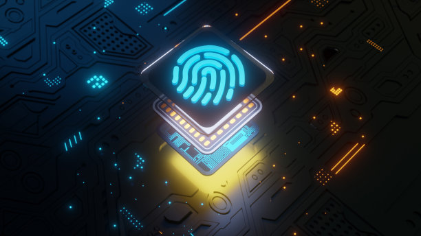 技术主板背景上的未来指纹符号，概念图像的3D渲染图片下载