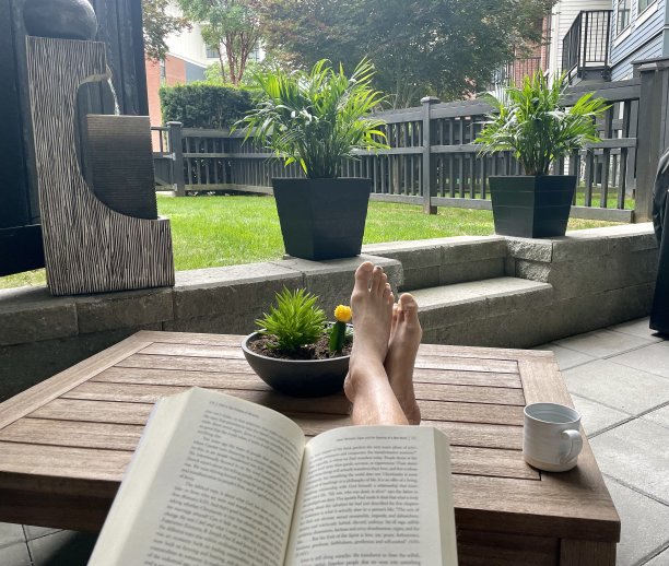 男人在院子里看书放松图片下载