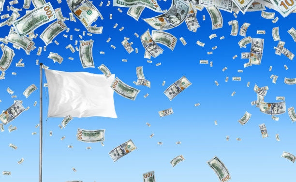 在蓝天下落了一大群钱和空白白旗的赚钱理念图片下载