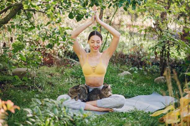 可爱的女孩和猫在夏天的院子里训练图片下载