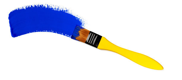 带有蓝色油漆笔触的画笔(隔离在白色上)图片下载