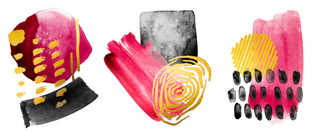 抽象艺术背景与发光的金色酒精墨水元素和几何形式。三款设计的集合。图片下载