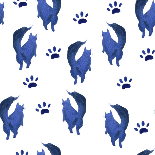 水彩无缝图案蓝墨水剪影猫在白色的背景。毛茸茸的可爱动物和脚印。明亮的猫设计壁纸，剪贴簿，背景。图片下载