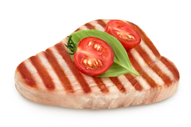 金枪鱼牛排烤孤立的白色背景与剪影路径和全景深图片下载