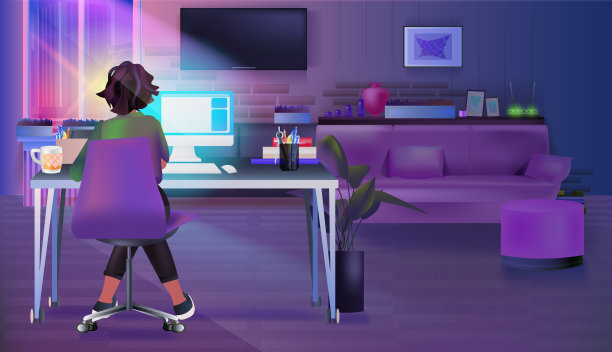 过度劳累的女商人坐在工作场所女商人自由职业者看着电脑屏幕在黑暗的夜晚客厅水平全长矢量插图图片下载