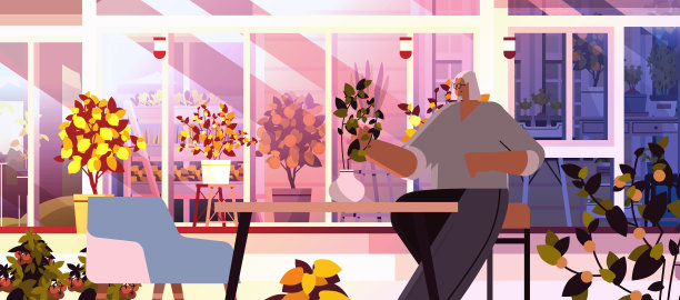 资深女园丁照顾盆栽在后院温室或家庭花园水平图片下载