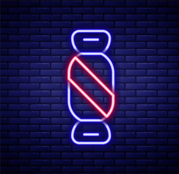 发光的霓虹线糖果图标孤立在砖墙背景。快乐的万圣节派对。色彩斑斓的轮廓的概念。向量图片下载