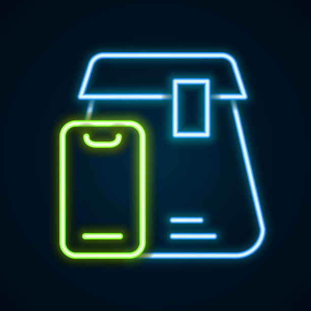 发光的霓虹灯线在线订购和快餐递送图标孤立的黑色背景。色彩斑斓的轮廓的概念。向量图片下载