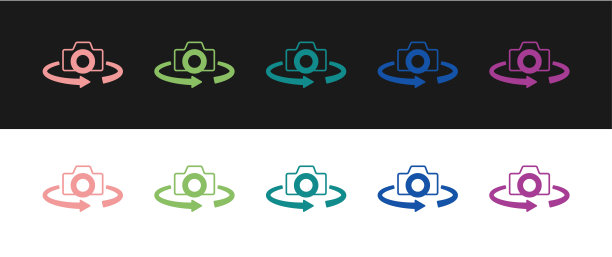 设置360度视图图标孤立的黑白背景。虚拟现实。角度360度摄像头。全景照片。向量图片下载