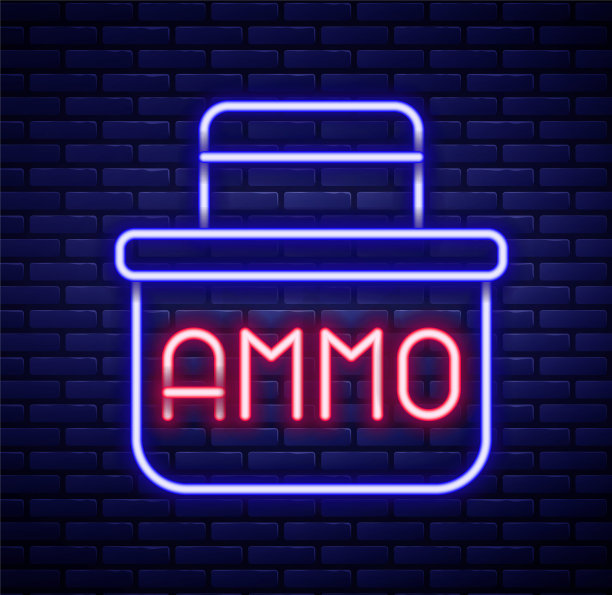 发光的霓虹灯线军事弹药箱与一些子弹图标孤立的砖墙背景。色彩斑斓的轮廓的概念。向量图片下载