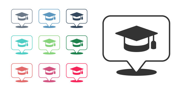 黑色毕业帽在语音气泡图标孤立在白色背景。带流苏图标的毕业帽。设置图标丰富多彩。向量图片下载