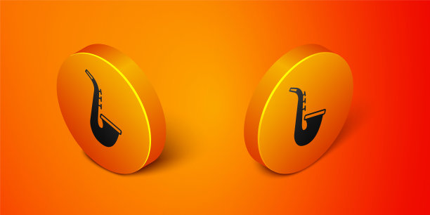 等距乐器萨克斯管图标孤立的橙色背景。橙色圆按钮。向量图片下载