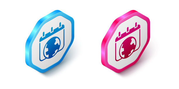 等距世界地球日图标孤立在白色背景。生态友好的世界。生态与自然观念。六角按钮。向量图片下载