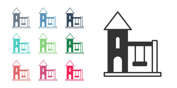 黑色秋千为儿童夏季游戏在操场图标孤立在白色的背景。户外娱乐设备。设置图标丰富多彩。向量图片下载