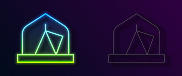 发光的霓虹灯线旅游帐篷图标孤立在黑色的背景。露营的象征。向量图片下载