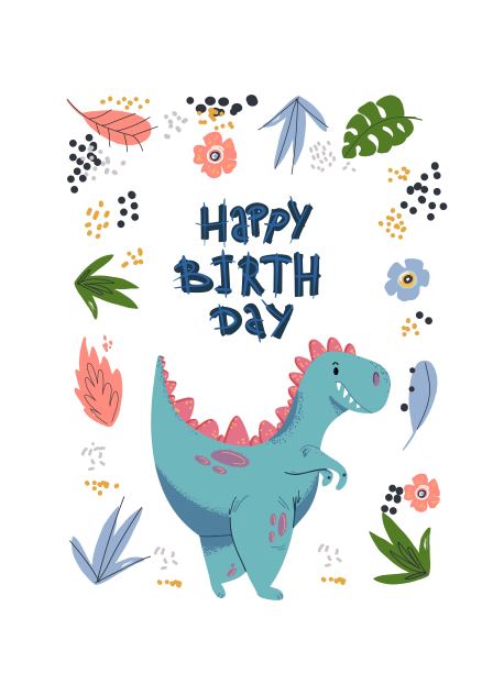 可爱的卡通小恐龙-矢量插图。可爱简单的恐龙，花卉元素，生日贺卡。很适合设计婴儿服装。图片下载