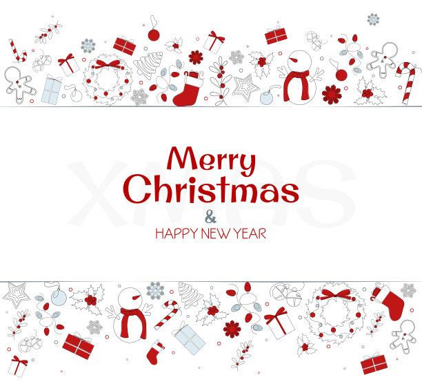 圣诞红色和灰色的贺卡与装饰在白色的背景在平面设计图片下载