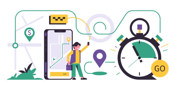 出租车叫车服务移动应用概念。电话与申请预约出租车展出。城市出租车服务。城市地图，秒表，线，快乐的人。平面向量插图图片下载