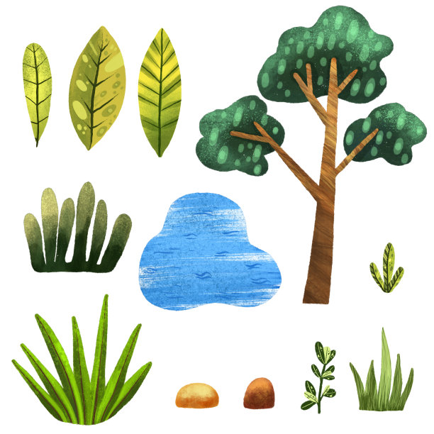 非洲风景插图集。蓝色的湖水，绿色的树叶和奇异的植物。非洲的自然。平坦的风景。Safari植物。暑假。热带性质。草原上打印。图片下载