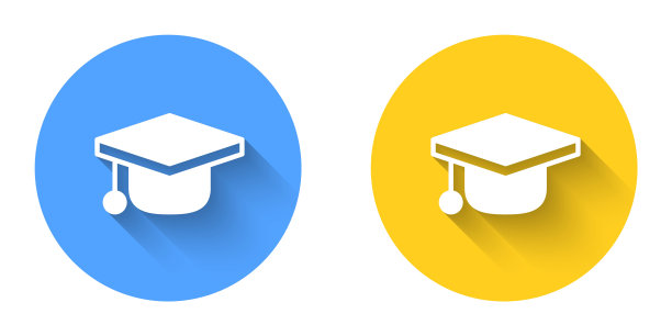 白色毕业帽图标孤立与长阴影背景。带流苏图标的毕业帽。圆按钮。向量图片下载