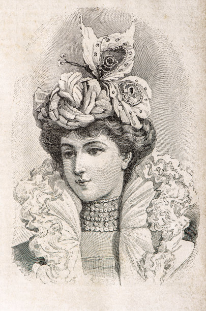 女人戴着复古优雅的帽子。古董时装雕刻图片下载