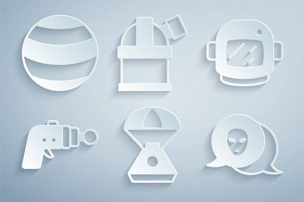 设置太空舱，宇航员头盔，射线枪，外星人，天文台和行星图标。向量图片下载