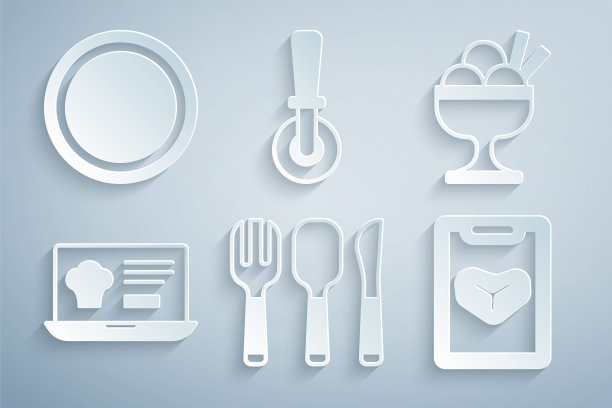 设置叉子，勺子和刀，冰淇淋碗，在线订购送货，餐厅咖啡菜单，披萨和盘子图标。向量图片下载