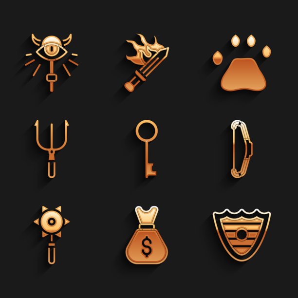 Set Old key, money bag, Shield, Medieval bow, chain mace ball, Neptune Trident, Bear paw footprint and Magic staff图标。向量图片下载
