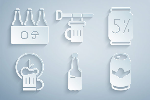 设置塑料啤酒瓶，啤酒罐，快乐时光，招牌玻璃和包装瓶图标。向量图片下载
