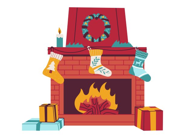 圣诞节的壁炉。卡通新年庆祝壁炉装饰烟囱。Doodle家室内与圣诞袜子的礼物。传统的节日礼物。矢量图图片下载