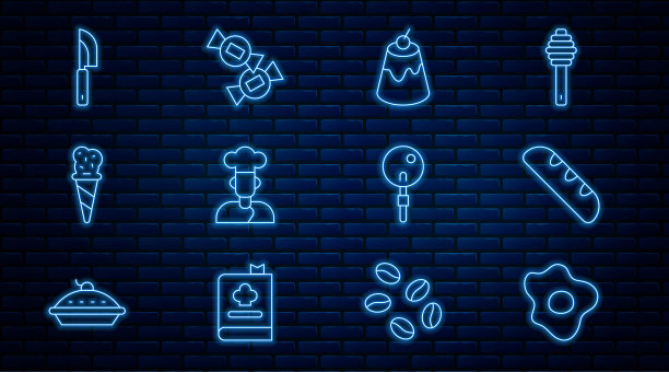 套线炒鸡蛋，法国法棍面包，布丁蛋奶沙司，厨师，冰淇淋华夫蛋筒，刀，棒棒糖和糖果图标。向量图片下载