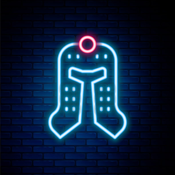 发光的霓虹灯线中世纪铁头盔头部保护图标隔离在砖墙背景。色彩斑斓的轮廓的概念。向量图片下载