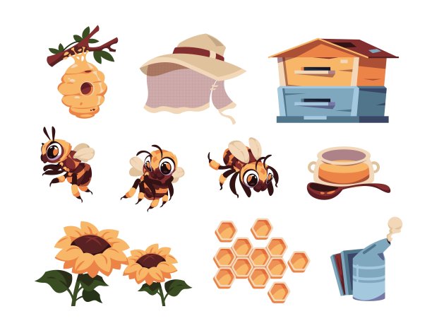 蜜蜂。卡通可爱的昆虫吉祥物与蜂巢。养蜂场元素。罐子和勺子。盛开的向日葵。蜂巢和养蜂人的工具。向量飞行的孩子蜜蜂角色集图片下载
