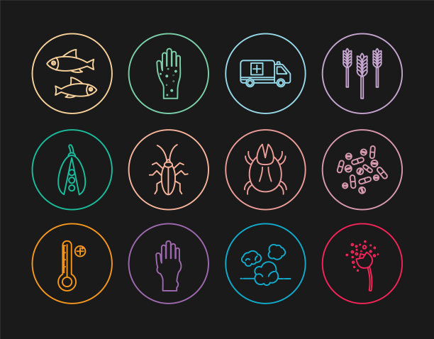 设置线花生产花粉，药丸或片剂，紧急车，蟑螂，菜豆，鱼，寄生虫螨和手银屑病湿疹图标。向量图片下载