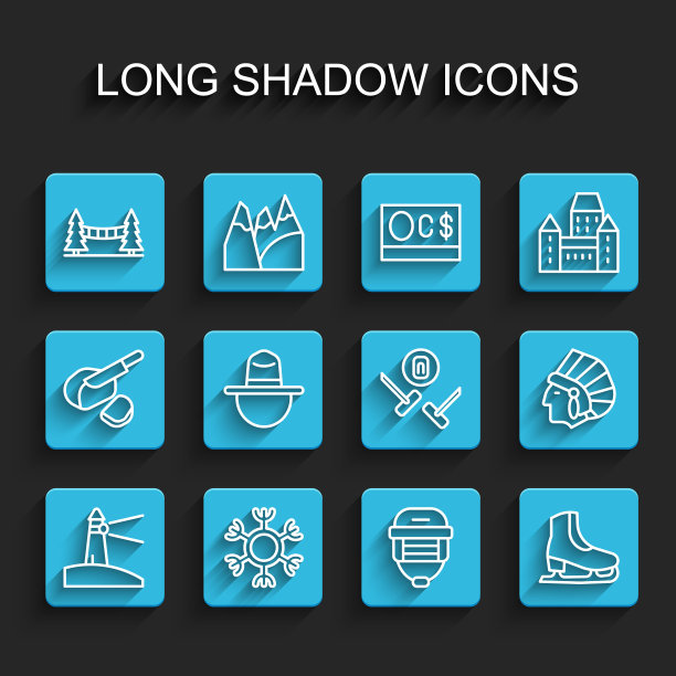 设置线灯塔，雪花，卡皮拉诺吊桥，曲棍球头盔，溜冰鞋，加拿大护林员帽子，美国土著印第安人和冰壶运动的图标。向量图片下载