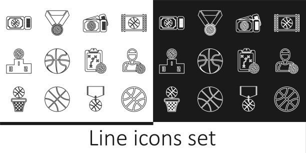 设定线篮球，球员，比赛门票，体育冠军领奖台，规划策略和奖牌图标。向量图片下载