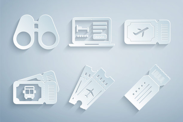 设置机票，巴士，车票，在线酒店预订和望远镜图标。向量图片下载