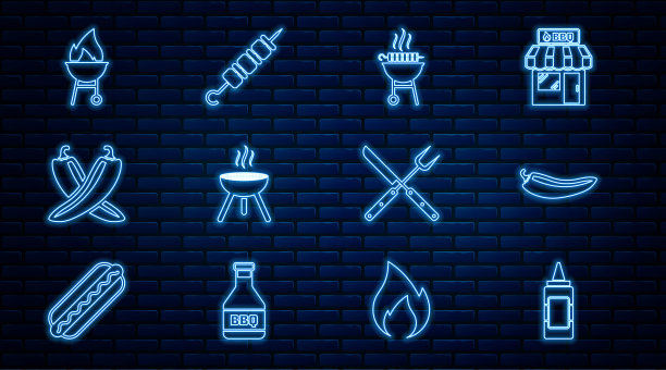 Set line芥末瓶，辣椒豆荚，烧烤烤肉串，交叉热，叉和刀和烤图标。向量图片下载