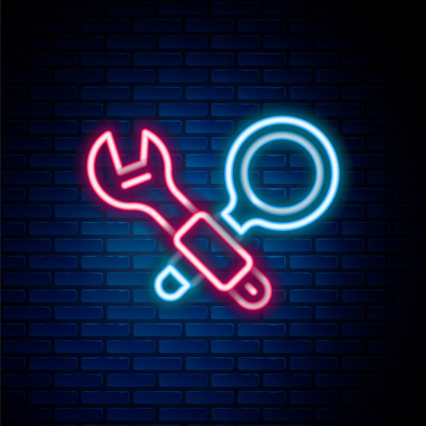 发光霓虹灯线调试图标孤立在砖墙背景。调试工具。对bug编程的放大镜。测试和设置软件。色彩斑斓的轮廓的概念。向量图片下载