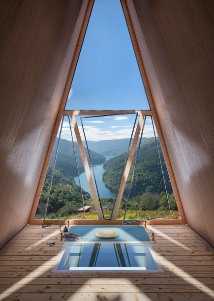 从冥想舱的窗户看到的美丽风景的3d渲染图片下载