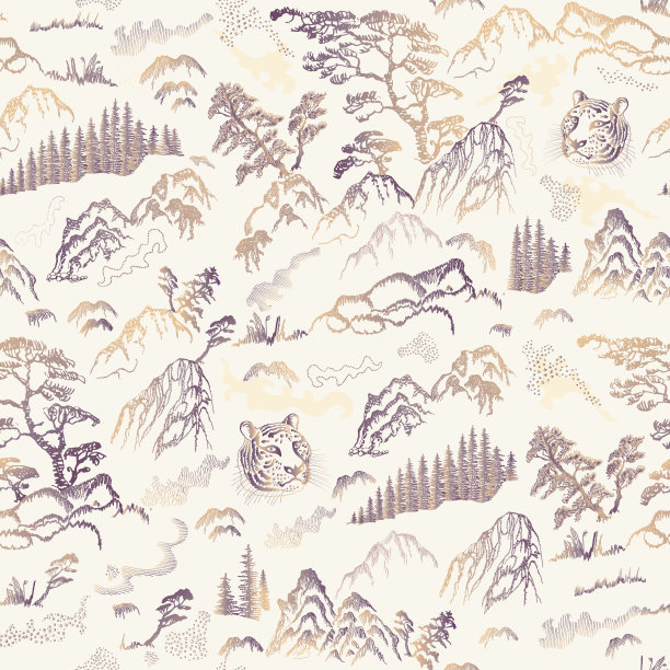 矢量无缝图案手绘草图在中日自然水墨插画sumi-e的传统。纹理冷杉松树，老虎头，山，河流，草本植物，岩石上的米色背景图片下载